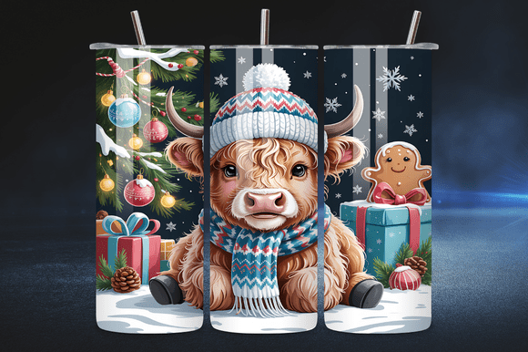 20oz Christmas Highland Cow Tumbler Wrap Graphics