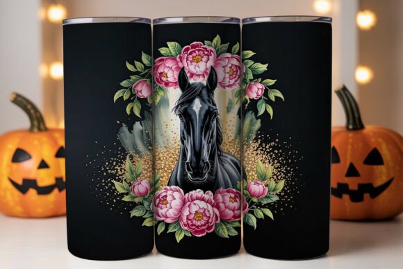 Black Horse with Pink Peonies Tumbler Graphics & Wraps