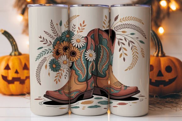 Boho Cowboy Boots Floral Tumbler Wraps Graphics